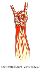Rock hand sign, hot music Rock and Roll gesture, Hard Rock festival concert or club, vector label emblem or logo, musical instruments shop or recording studio.