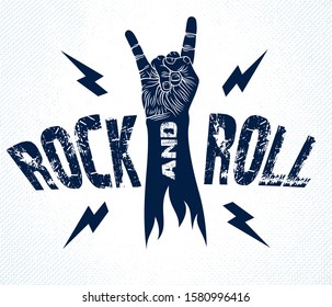 Rock hand sign with lightning bolts, hot music Rock and Roll gesture, Hard Rock festival concert or club, vector label emblem or logo, musical instruments shop or recording studio.