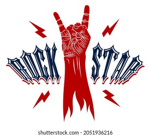 Rock hand sign with lightning bolts, hot music Rock and Roll gesture, Hard Rock festival concert or club, vector label emblem or logo, musical instruments shop or recording studio.