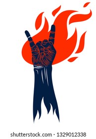 Rock hand sign on fire, hot music Rock and Roll gesture in flames, Hard Rock festival concert or club, vector label emblem or logo, musical instruments shop or recording studio.
