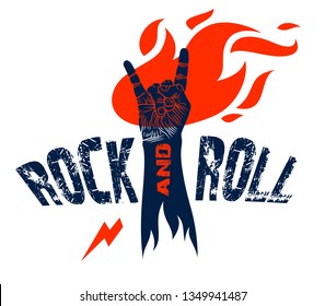 Rock hand sign on fire, hot music Rock and Roll gesture in flames, Hard Rock festival concert or club, vector label emblem or logo, musical instruments shop or recording studio.