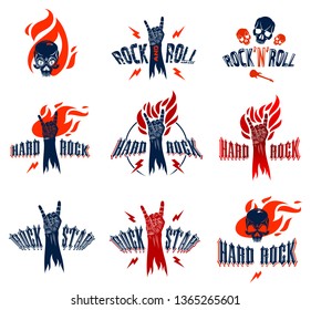 Rock hand sign on fire set, hot music Rock and Roll gesture in flames, Hard Rock festival concert or club, vector labels emblems or logos, musical instruments shop or recording studio.