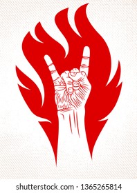 Rock hand sign on fire, hot music Rock and Roll gesture in flames, Hard Rock festival concert or club, vector label emblem or logo, musical instruments shop or recording studio.