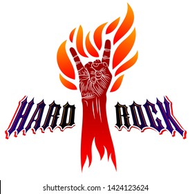 Rock hand sign on fire, hot music Rock and Roll gesture in flames, Hard Rock festival concert or club, vector label emblem or logo, musical instruments shop or recording studio.