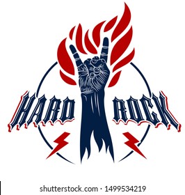 Rock hand sign on fire, hot music Rock and Roll gesture in flames, Hard Rock festival concert or club, vector label emblem or logo, musical instruments shop or recording studio.