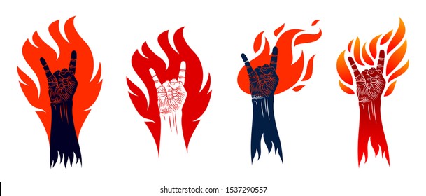 Rock hand sign on fire set, hot music Rock and Roll gesture in flames, Hard Rock festival concert or club, vector labels emblems or logos, musical instruments shop or recording studio.