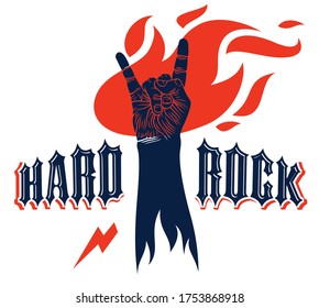 Rock hand sign on fire, hot music Rock and Roll gesture in flames, Hard Rock festival concert or club, vector label emblem or logo, musical instruments shop or recording studio.