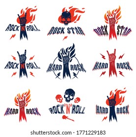 Señal de mano de roca en el fuego, gesto de música caliente Rock y Roll en llamas, concierto o club del festival Hard Rock, emblemas o logos de etiquetas vectoriales, tienda de instrumentos musicales o estudio de grabación.