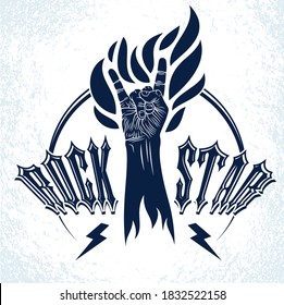 Rock hand sign on fire, hot music Rock and Roll gesture in flames, Hard Rock festival concert or club, vector label emblem or logo, musical instruments shop or recording studio.