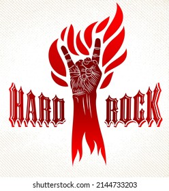 Rock Hand Schild auf Feuer, Hot Music Rock and Roll Geste in Flammen, Hard Rock Festival Konzert oder Club, Vektorlabel Emblem oder Logo, Musikinstrumentengeschäft oder Aufnahmestudio.