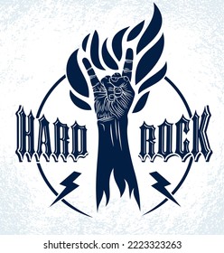 Rock hand sign on fire, hot music Rock and Roll gesture in flames, Hard Rock festival concert or club, vector label emblem or logo, musical instruments shop or recording studio.