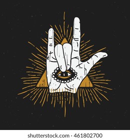 Rock hand sign silhouette with abstract triangle. Vector pyramid symbol / logo / label / tattoo
