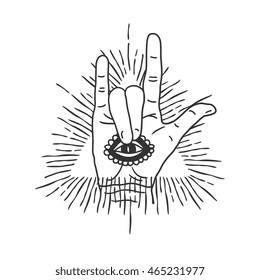 Rock hand sign silhouette with abstract triangle. Vector pyramid symbol / logo / label / tattoo
