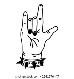 Rock hand sign. Simple vector icon. Hand drawn doodle isolated on white. Female arm with painted nails, spiked bracelet. Heavy metal music gesture. Black outline, sketch. Clipart for logo, posters
