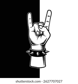 Rock Hand Sign with Spiked Wristband, Vintage Heavy Metal Line Art Illustration