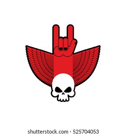 Rock hand and skull symbol of music. Rock and roll emblem isolated
