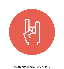 Rock hand thin line icon for web and mobile minimalistic flat design. Vector white icon inside the red circle