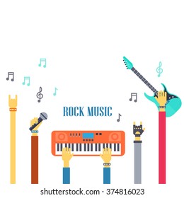 Rock hands with music instruments. Rock music banner concept. Flat design.