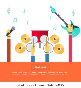 Rock hands with music instruments. Rock music banner concept. Flat design.