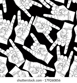 Rock Hands Seamless Pattern, Rock, Metal, Rock And Roll Music Style Black And White Vector Background For Wallpapers, Textile Or Other Designs.