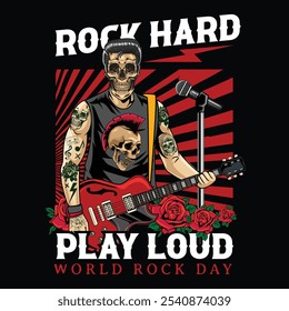 Rock Hard Play Loud slogan with skull punk playing electric guitar in Vector Illustration for T-Shirt Apparel, stickers, posters, flyers, brochures, invitations, greeting cards, banner