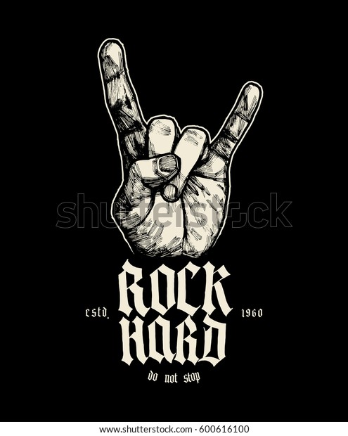 Rock Hard Sign Horns Music Print Stock Vector (Royalty Free) 600616100