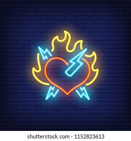 Rock heart with fire and lightning neon sign. Firing heart on dark blue brick wall. Night bright advertisement. Vector illustration in neon style for rock and freedom