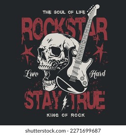 Rock heavy metal colorful poster with skull and electric guitar near inscription rockstar stay true vector illustration