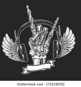 Rock heavy metal, hard rock music skeleton hand symbol. Vector icon.