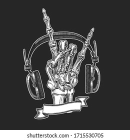 Rock heavy metal, hard rock music skeleton hand symbol. Vector icon.