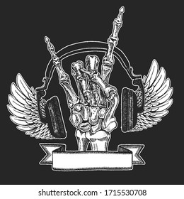 Rock heavy metal, hard rock music skeleton hand symbol. Vector icon.