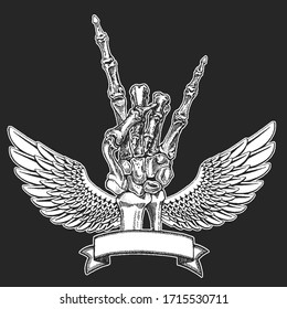 Rock heavy metal, hard rock music skeleton hand symbol. Vector icon.