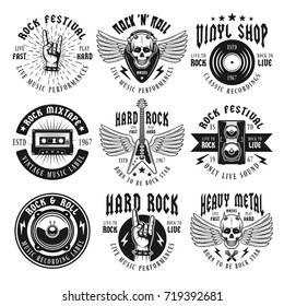 Rock and heavy metal music set of nine vector emblems, labels, badges or logos in vintage monochrome style isolated on white background