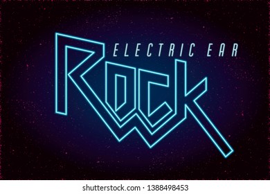 Rock Heavy Metal Neon Sign Style Authentic Hand Drawn Logo and Electric Ear Lettering Comic Creative Concept - Blue on Grunge Background - Vector Flat Graphic Design