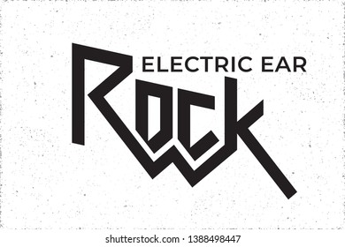 Rock Heavy Metal Style Authentic Hand Drawn Logo and Electric Ear Lettering Comic Creative Concept - Black on Grunge Background - Vector Contrast Graphic Design