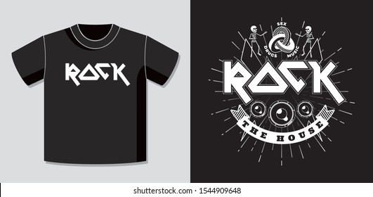 Rock the House New Wave Heavy Metal Style Inverted Hand Drawn Authentic Logo and Lettering with Application on T-Shirt Vector Template - White on Black Background - Vector Contrast Graphic Design