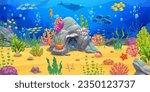 Rock house and underwater landscape game level map. Cartoon animals, fish shoal and seaweeds. Vector fantasy dwelling, mermaid or fish home inside of stone with forged gate, and bright undersea plants