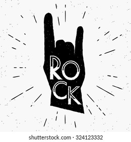 Rock human hand silhouette illlustration in grunge style with stylish text template for poster or festival flyer