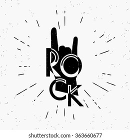 Rock human hand silhouette illlustration in grunge style with stylish text and hipster starburst for poster or festival flyer isolated on white background