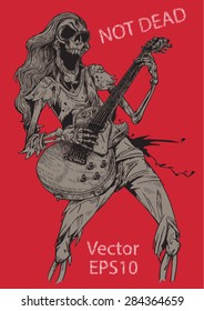 rock human skeleton  musician playing electric guitar Rock concert poster stock vector, illustration 