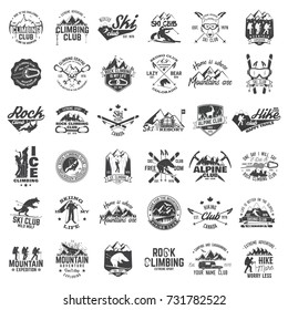 Rock and ice climbing,skiing, alpine and hiking club. Vector illustration. Set of vintage badges, labels, logos, silhouettes. Vintage typography collection with 36 items. Outdoors adventure emblems.