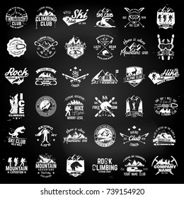 Rock and ice climbing,skiing, alpine and hiking club. Vector illustration. Set of vintage badges, labels, logos, silhouettes. Vintage typography collection with 36 items. Outdoors adventure emblems.