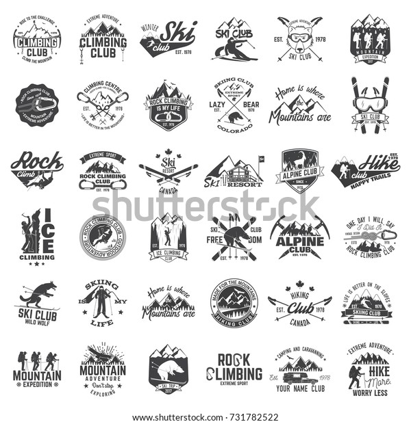 Rock and ice climbing,skiing, alpine and hiking\
club. Vector illustration. Set of vintage badges, labels, logos,\
silhouettes. Vintage typography collection with 36 items. Outdoors\
adventure emblems.