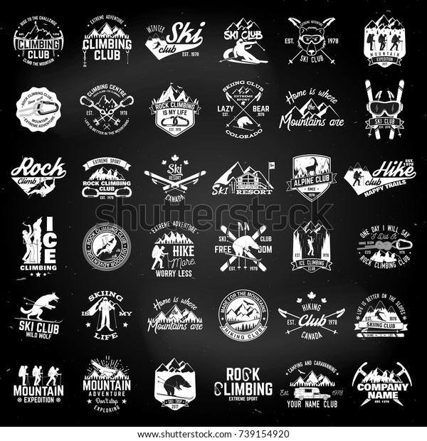 Rock and ice climbing,skiing, alpine and hiking\
club. Vector illustration. Set of vintage badges, labels, logos,\
silhouettes. Vintage typography collection with 36 items. Outdoors\
adventure emblems.