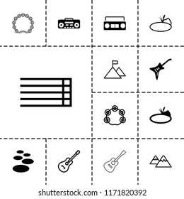 Rock icon. collection of 13 rock filled and outline icons such as spa stone, pond, guitar strings, guitar, tambourine, mountain. editable rock icons for web and mobile.