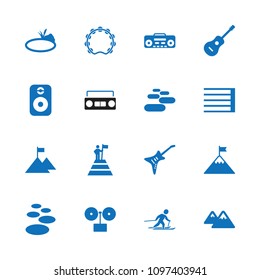 Rock icon. collection of 16 rock filled icons such as gramophone, spa stone, record player, guitar, pond, mountain, speaker, skiing. editable rock icons for web and mobile.