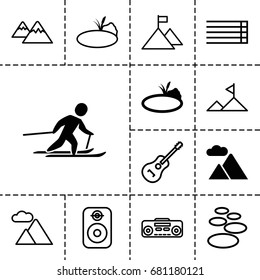 Rock icon. set of 13 filled and outline rock icons such as mountain, pond, skiing, guitar strings, record player, guitar, speaker, flag on mountain