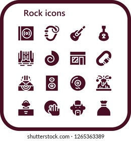 rock icon set. 16 filled rock icons. Simple modern icons about  - Vinyl, Carabiner, Guitar, Waterfall, Fossil, Music store, Eruption, Subwoofer, Volcano, DJ, Punk, Sugar