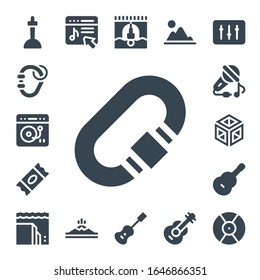 conjunto de iconos de rock. 17 iconos de roca rellenos.  Iconos modernos sencillos, como: Excalibur, Carabiner, Turntable, Sugar, Cantar, Crystal, Guitarra, Landslide, Tienda de música, Montaña, Puente Bungee