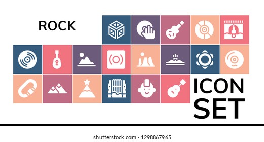 rock icon set. 19 filled rock icons. Simple modern icons about  - Crystal, Vinyl, Carabiner, Mountain, Peak, Waterfall, Punk, Guitar, Record, Canyon, Tambourine, DJ, Electric guitar